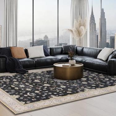 Imagem de Tapetes Boho laváveis 5x7 para quarto, tapete preto para sala de estar, tapete moderno de lã sintética macia para crianças, sala de jogos, dormitório, berçário, sala de jantar, escritório, casa