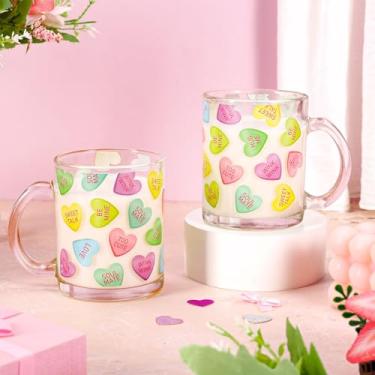 Imagem de JarThenaAMCS 2 peças de canecas de café de vidro para dia dos namorados com alças copo de bebida de 340 g pastel conversação coração xícaras de café para casamento, aniversário, decoração de casa