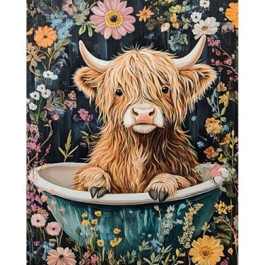 Imagem de TFIAVSIN Kit de pintura por números para adultos, tela de pintura por números – vaca Highland na banheira cercada por flores, kits de pintura por números para adultos faça-você-mesmo para iniciantes
