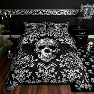 Imagem de Conjunto de capa de edredom floral damasco, tamanho Queen, conjunto de cama de caveira gótica para decoração de quarto de crianças, meninos, meninas, adolescentes, esqueleto, preto, cinza, capa de