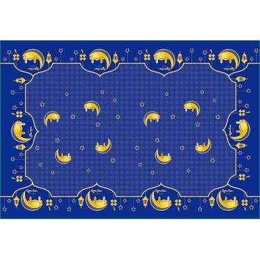Imagem de XCHI Toalha de mesa retangular azul com lanterna, castelo dourado, estrelas e luas, Ramadã Kareem, toalha de mesa retangular, para decoração de festa em casa 132 x 182 cm