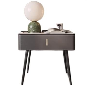 Imagem de Mesa de cabeceira com bordas arredondadas, mesa de cabeceira de madeira, couro, gaveta única, armazenamento oculto, móveis de cabeceira com pernas elevadas/bege, cinza, laranja, branco (cinza)