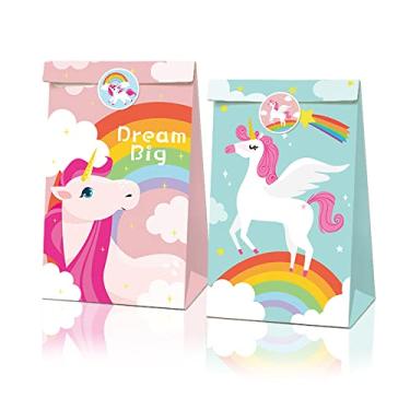 Imagem de 12 peças de lembrancinhas de festa de unicórnio mágico, sacos de presente de papel encantadores para celebrações dos sonhos, festa de aniversário