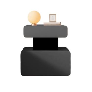 Imagem de Mesa de cabeceira moderna de madeira pequena gaveta dupla de couro irregular aparador cinza escuro prático (grande)