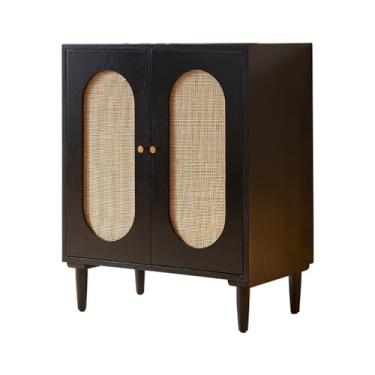 Imagem de KHUTRW3D Aparador de madeira maciça de vime para cozinha, preto, sala de jantar, pequena casa, grande capacidade, armazenamento, porta dupla, armário para buffet