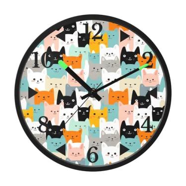 Imagem de STAYTOP Relógio de parede de LED de gato com desenho colorido para quarto com brilho noturno, relógios de parede com iluminação silenciosa de 30 cm para decoração de sala de estar, controle de som