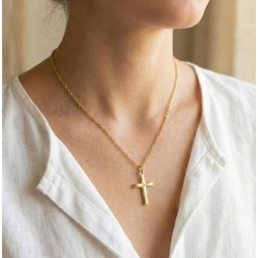 Imagem de Colar de cruz para mulheres - banhado a ouro 14 quilates/pingente de cruz delicada de prata - joia de fé religiosa - elegante presente de ano novo, colar simples e fofo, 18"+2" extend, Metal, Sem
