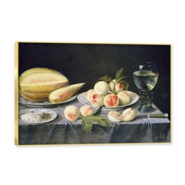Imagem de Moldura dourada. Arte vintage emoldurada de frutas mortas, pintura clássica de cozinha country, decoração de parede de casa de fazenda quente para sala de jantar e cozinha. C19. 50 x 75 cm-19,7 x 29,6