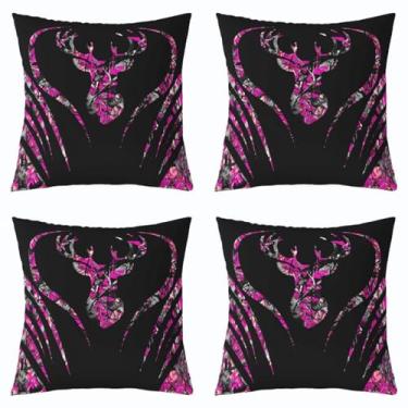 Imagem de Feelyou Conjunto de 4 capas de almofada de camuflagem rosa para crianças, conjunto de 4 capas de almofada, estilo militar, para meninos e meninas, decoração rústica para quarto de adolescentes 50 x 50