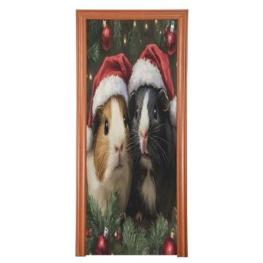 Imagem de Qilmy Porquinhos-da-índia de Natal usando chapéus de Papai Noel capa de porta 91 x 248 cm, capas de porta decoração de casa, sala de estar, porta, corredor, porta, festas, shopping center, janela