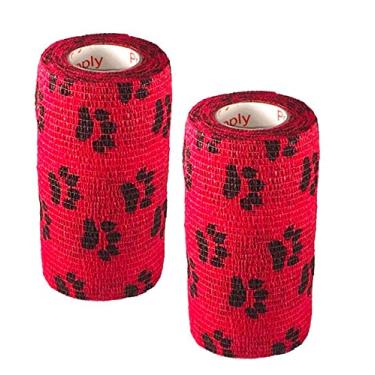 Imagem de Fita adesiva adesiva veterinária (vermelha com impressões de patas) (pacote com 2) (7,6 cm x 4,5 m) autoadesiva, aderente, coesiva, flexível, autoadesiva, aderente, autoadesiva, aderente, flexível