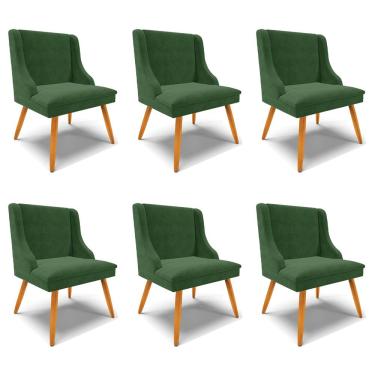 Imagem de Kit 6 Cadeiras Decorativas Sala de Jantar Pés Palito de Madeira Firenze Suede Verde Esmeralda/Natural G19 - Gran Belo