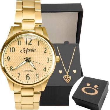 Imagem de Relogio Feminino Aço Dourado + Brinco Colar Coração + Caixa ponteiro o