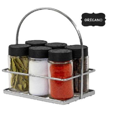 Imagem de Porta Tempero Condimento 6 Potes Vidro Tampa Dosadora Suporte Cromado com Alça Organização Cozinha