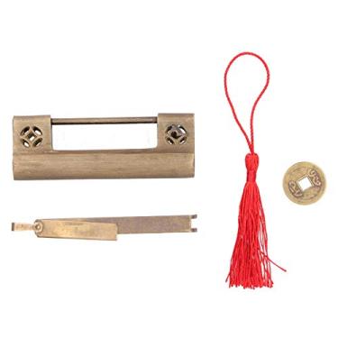Imagem de Cadeado de cobre estilo chinês, fechadura antiga com chave para caixa de joias, armário, vintage, decorativo, material de cobre puro, 120g, 9,7x3,2x1,1cm