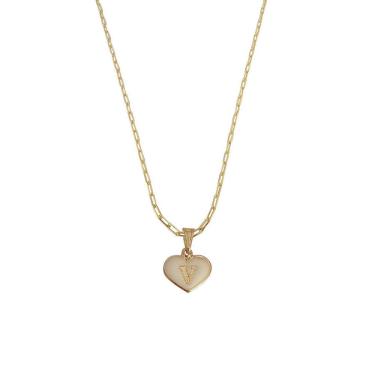 Imagem de Colar Cartier 45Cm Coração Branco Letra V Banhado Ouro 18K