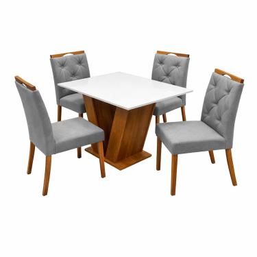 Imagem de Mesa de Jantar Classic 120x80cm com Vidro e 4 Cadeiras Jasmim em Veludo Estofadas Cel Móveis Cor Cinamomo Off White com Tecido Cinza