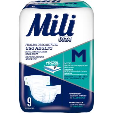 Imagem de Fralda Geriátrica Mili Vita Tamanho M  1 Pacote com 9 fraldas com Super Gel Absorvente Mais Conforto