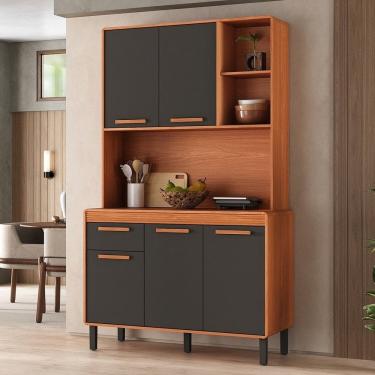 Imagem de Cozinha Compacta 5 Portas 1 Gaveta 120cm com Nicho Dunas Itatiaia Cinamomo / Grafite Intenso