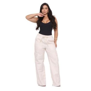 Imagem de Calça Pantalona Wide Leg Feminina Sarja Clara com Bolso Cargo-Feminino