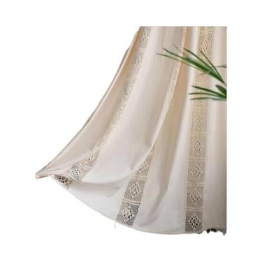 Imagem de Cortina De Linho Boêmia Creme Com Crochê E Malha, Painel Único Com Bol