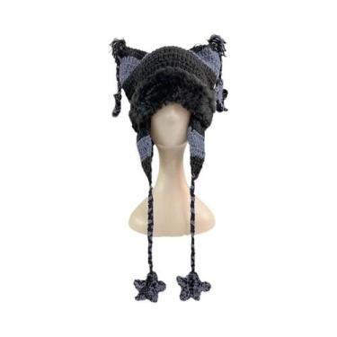 Imagem de Gorro Feminino Quente De Tricô Artesanal Com Orelhas De Gato E Listras