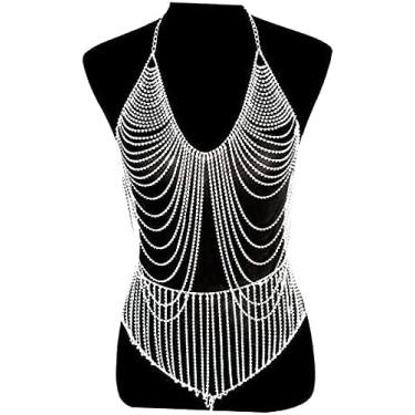 Imagem de Senhoras sexy strass franja sutiã corrente brilhante conjunto em camadas praia biquíni com lingerie calções de banho para meninas, prata