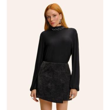 Imagem de Blusa Feminina Manga Longa Gola Com Rebite Endless Preto, G, Preto
