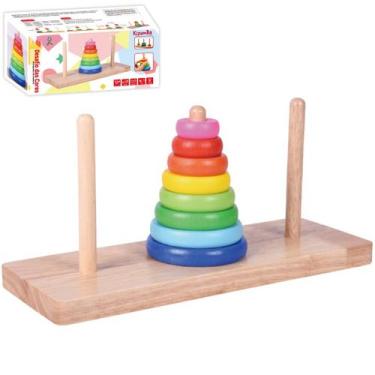 Imagem de Brinquedo Pedagogico Torre De Hanoi Torre Empilhar Madeira Pinos Disco