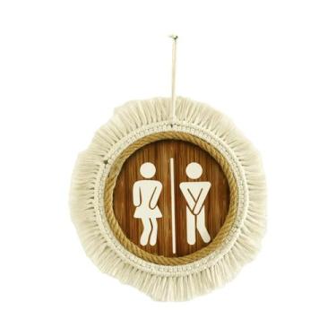 Imagem de Placa De Sinalização Redonda De Macramê Em Madeira Rústica Para Banhei