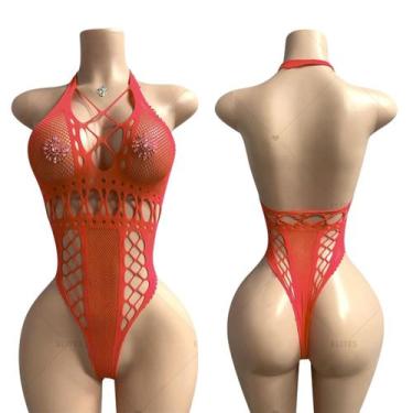 Imagem de Body Vermelho arrastão elástico com decote halter e costas nuas - SIGI