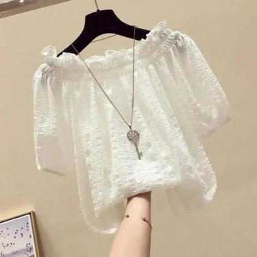 Imagem de Blusa Casual Feminina Rosa Vermelha Com Manga Bufante Em Chiffon, Cami