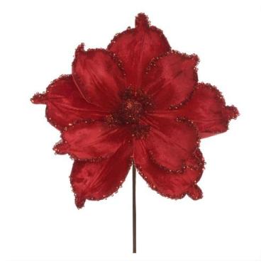 Imagem de Flor Natal Magnólia Vermelha Aveludada Glitter 22cm Luxo - FLORARTE