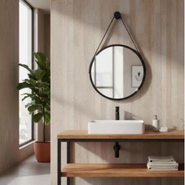 Imagem de Espelho Redondo Decorativo Suspenso Com Alça 60cm + Suporte Preto Alça