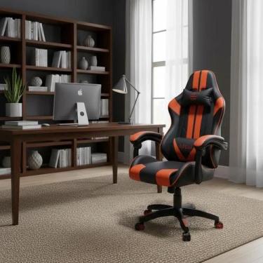 Imagem de Cadeira Escritório Gamer Estofada Giratória Reclinável Couro Suporte L