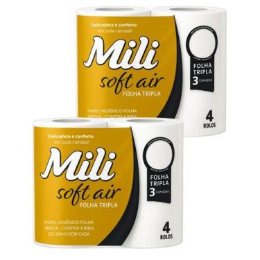 Imagem de Papel Higiênico Mili Soft Air Folha Tripla, 2 Pacotes com 4 Rolos (Tot