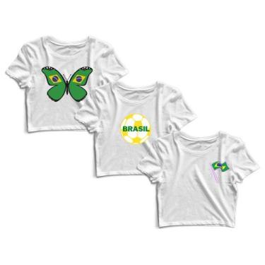 Imagem de Kit 3 Blusas Cropped Blusinha Camiseta Feminina Brasil Bandeira Borbol