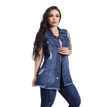 Imagem de Max Colete Feminino Jeans 100% Algodão Destroyed Longo Plus Size Super Lindo Azul Escuro (G2, Azul Escuro)