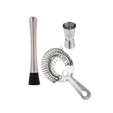 Imagem de Kit caipirinha Bartender Socador Masserador + Dosador duplo 25/50ml + Coador De Coquetel Strainer Inox 2 Apoios