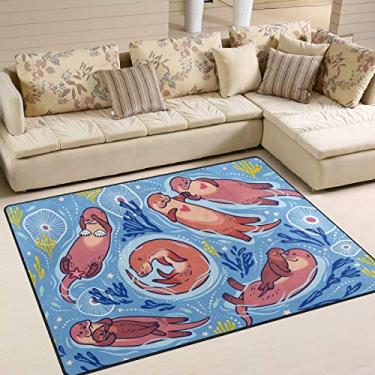 Imagem de ColourLife Linda lontras marrom em azul leve, tapete tapete tapete tapete para decoração de casa para quarto de crianças, sala de estar 203 x 147 cm