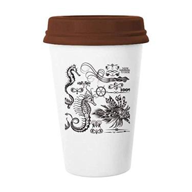 Imagem de Caneca de cerâmica preta com ilustração da vida marinha do hipopótamo e vidro para beber café