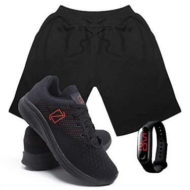 Imagem de Kit Bermuda Moletom Masculina + Tenis Masculino Conforto + Relógio Digital - Preto-PretoLaranja/GG-38