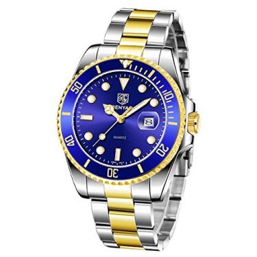 Imagem de BENYAR Relógio masculino cronógrafo multifuncional, preto, impermeável, esportivo, moderno, quartzo, com pulseira de aço inoxidável, Dourado, azul, Cronógrafo