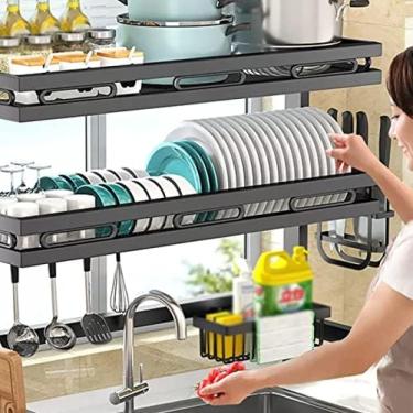 Imagem de Escorredor Rack Prato Cremalheiras Ajustável Cozinha Organizador Secador Rack 2 Camada Para Cozinha Contador Organizador Armazenamento Espaço Saver,85x82x28cm,Pleasant63