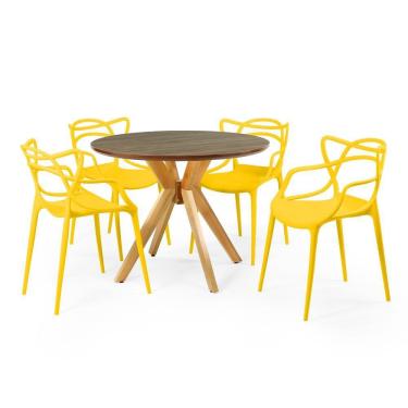 Imagem de Conjunto Mesa de Jantar Redonda Marci Premium Natural 100cm com 4 Cadeiras Allegra - Amarelo