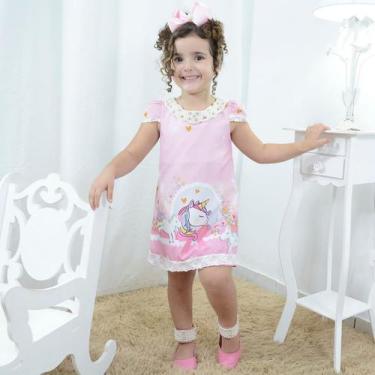 Imagem de Vestido Infantil Unicórnio Rosa Com Pérolas  Tubinho Trapézio Luxo - M