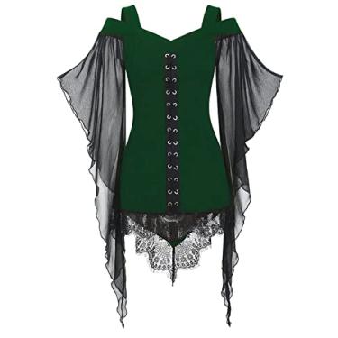 Imagem de FEOYA Camisas Renascentistas Femininas Halloween Ombro Frio Túnica Tops Malha Borboleta Manga Espartilho Tops Renda Bainha Assimétrica Vestido Camiseta Vestido Cosplay Fantasias de Festa de Halloween