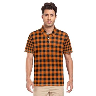 Imagem de JUNZAN Camisa polo masculina xadrez laranja creme de golfe manga curta para treino atlético P, Xadrez laranja Halloween, XXG