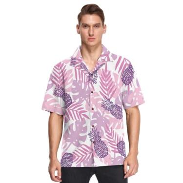 Imagem de GuoChe Camisa masculina havaiana com botões de manga curta e fundo tropical roxa estampada manga corta para hombre, Fundo tropical roxo, G