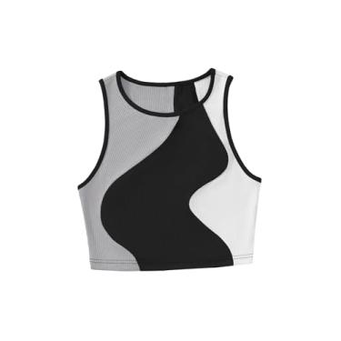 Imagem de SweatyRocks Camiseta regata feminina de malha canelada de verão sem mangas color block, Preto e cinza, PP